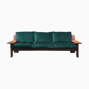 Italian Green Velvet and Wood Three-Seat Plinio Sofa from Plinio Il Giovane, 1975