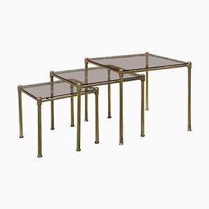 Tables Mid-Century en Laiton et Verre Fumé, Italie, 1970s, Set de 3