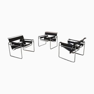 Italian Black Leather Wassily Armchair by Marcel Breuer for Gavina, 1968, Set of 3