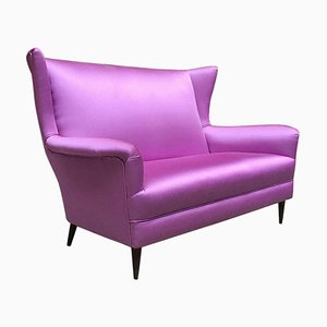 Italian Two-Seat Pink Silk Sofa with Armrests, 1950s