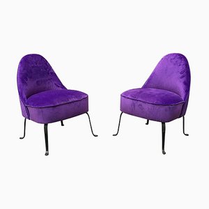 Mid-Century Italian Purple Velvet and Metal Legs Set of Armchairs, 1950s, Set of 2