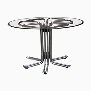 Vintage Italian Chromed Steel Glass and Wood Detail Dining Table, 1970s