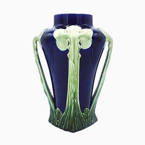 Vaso Liberty antico in ceramica blu e verde, Italia, inizio XX secolo