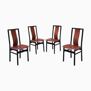 Italian Black Enameled Wood and Leather Chairs, 1980s, Set of 4