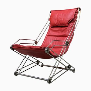 Italian Red Leather and Chromed Steel Red Armchair, 1970s