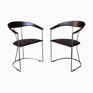 Italian Chromed Steel Metal and Black Leather Chairs, 1980s, Set of 2