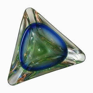 Cenicero italiano de cristal de Murano azul y verde de Sommersi Series, años 50