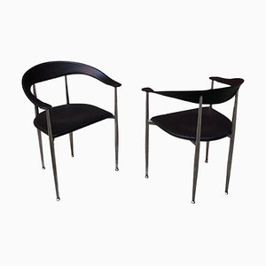 Italienische Stühle aus schwarzem Leder & verchromtem Stahl, 1970er, 2er Set