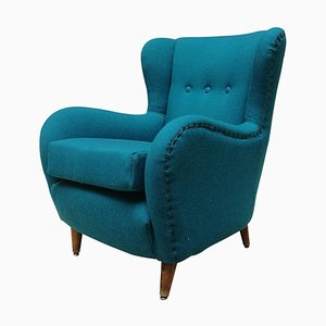 Italian Teal-Colored Cotton and Beech Armchair, 1960s