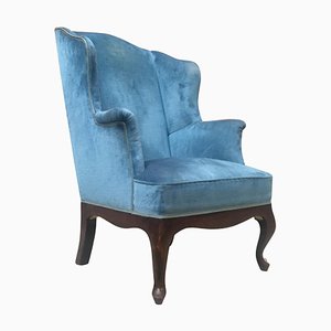 Italian Light-Blue Velvet Wingback Armchair, 1950s