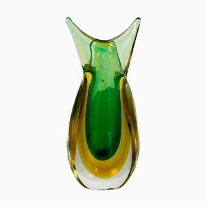 Italienische Mid-Century Modern Murano Glas Vase in Grün & Gelb, 1970er