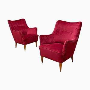 Mid-Century Modern Italian Burgundy Velvet and Wooden Armchairs, 1950s, Set of 2
