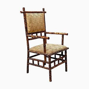 Antique Italian Colonial Bamboo and Original Fabric Chair with Armrests, 1910s
