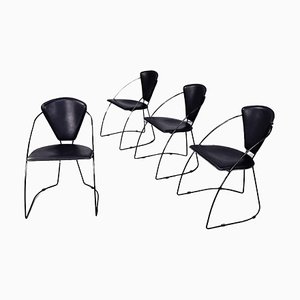 Chaises Mid-Century en Cuir Noir et Métal, Italie, 1980s, Set de 4