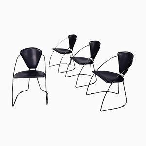 Mid-Century Italian Black Leather and Metal Chairs, 1980s, Set of 4