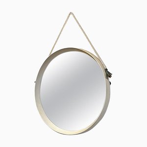 Mid-Century Modern Italian White Teak Rope and Leather Round Frame Mirror, 1960s