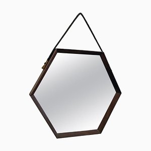 Sechseckiger italienischer Mid-Century Modern Spiegel mit Rahmen aus Teak, 1960er