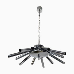 Mid-Century Modern Italian Twelve-Light Chromed Steel Chandelier, 1970s