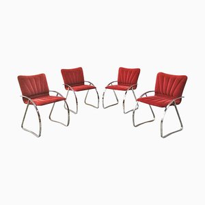 Mid-Century Modern Italian Red Velvet and Chrome Chairs, 1970s, Set of 4