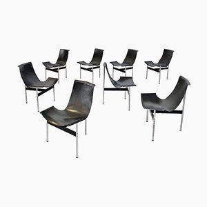 Mid-Century Chromed Black Leather T Chairs by Katavolos, Kelley and Littell for Laverne, Set of 8