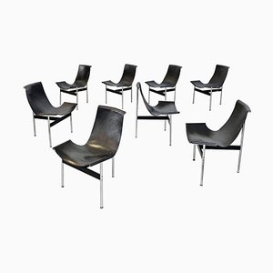 Verchromte Mid-Century T Stühle aus schwarzem Leder von Katavolos, Kelley und Littell für Laverne, 8er Set