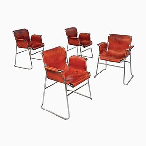 Schweizer Mid-Century Modern Cognacfarbene Leder Stühle mit Verchromten Beinen, 1970er, 4er Set