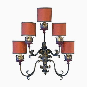 Baroque Style Italian Wall Lamp with Five Arms with Red Lampshades, 1950s