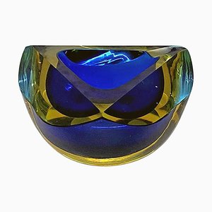 Mid-Century Modern Italian Blue Murano Glass Ashtray with Yellow Shades, 1970s