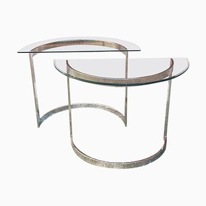 Mid-Century Modern French Steel Consoles with Glass Top, 1970s, Set of 2