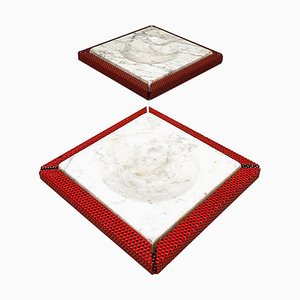 Mid-Century Modern Italian Red Marble and Micro-Perforated Metal Ashtrays, 1980s, Set of 2