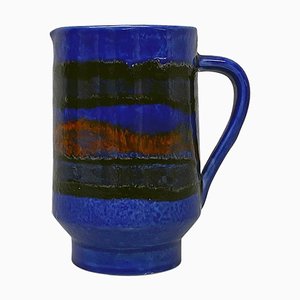 Italian Blue Cylindrical Ceramic Jug with Colored Abstract Decoration, 1960s