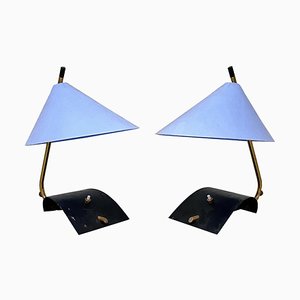 Mid-Century Italian Brass Table Lamps with Blue Lampshade by Stilnovo, 1950s, Set of 2