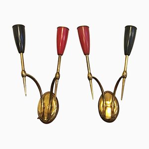 Mid-Century Italian Two-Arm Brass Wall Lamps with Cone Lamp Holder, 1950s, Set of 2