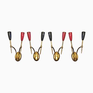 Mid-Century Italian Two-Arm Brass Wall Lamps with Cone Lamp Holder, 1950s, Set of 4