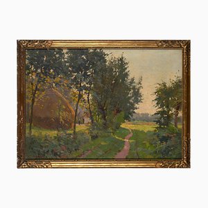 Constant Leemans, Bucolic County Road, Oil on Canvas, Framed