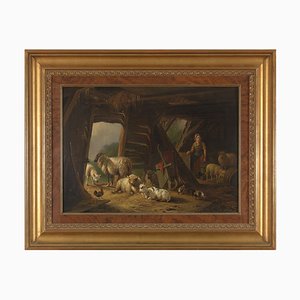 Pieter Plas, Sheep Stable, 19th Century, Oil on Canvas, Framed