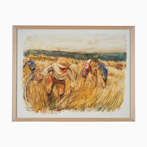 Lucien Desmaré, Farm Scene with Peasants, Paper, Framed