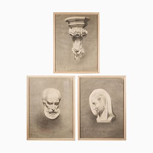 Drawings, 19th-Century, Pencil on Paper, Framed, Set of 3