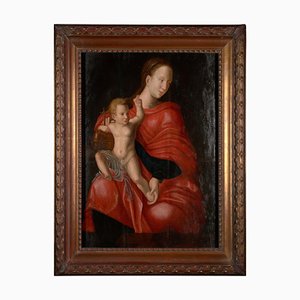 Flämische Schule, Gemälde von Madonna mit Kind, Öl auf Holz, Gerahmt