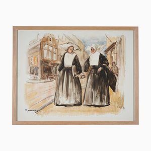Lucien Desmaré, Street View con dos monjas, papel, enmarcado