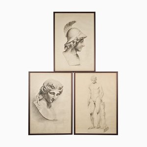 Academic Drawings, Charcoal Pencil on Paper, Framed, Set of 3