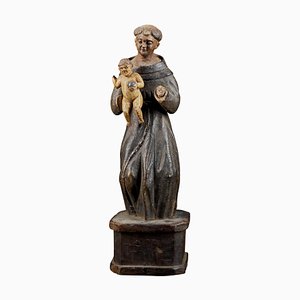 18th Century Wooden Polychrome Sculpture of Saint Anthony Carrying Jesus