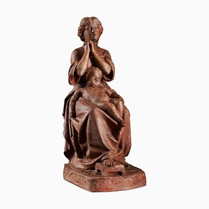 Statue de Femme et Enfant Polychrome en Terre Cuite