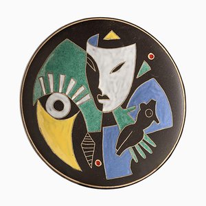 Handmade Plate with Abstract Colorful Shapes in Pottery and Ceramics
