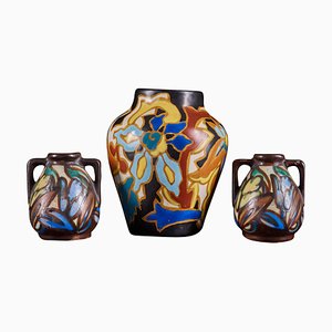 Bunte handbemalte Keramikvasen mit Blumenmuster, 3er Set