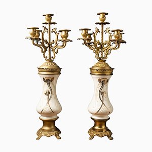 Decorative White Ceramic and Copper Alloy Candleholders, Set of 2