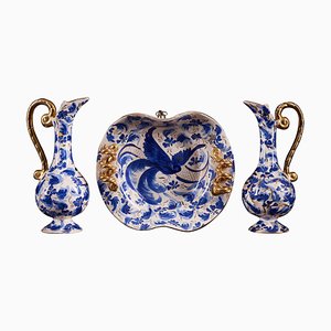 Belgian Ceramic Items with Hand Painted Blue Decorations, Set of 3