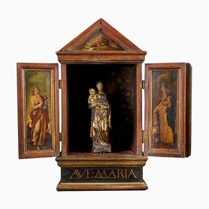 Small Flemish Terracotta Statue in Wooden Reliquary with Decorated Doors