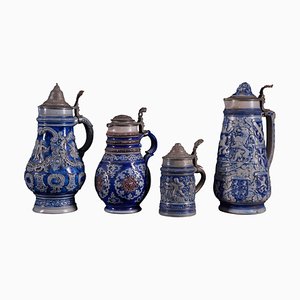 Ceramic Beer Carafes with Indigo Blue Decorations, Set of 4