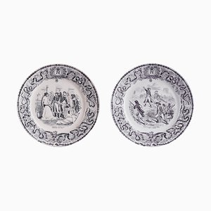 Assiettes en Porcelaine Blanche avec Motifs Noirs, Début 20ème Siècle, Set de 2